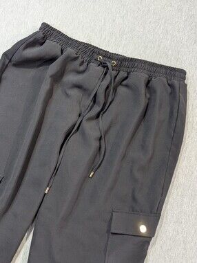 Michael Kors Stretch Cargo Pants Women's XL Black Gold Buttons Wide Leg
